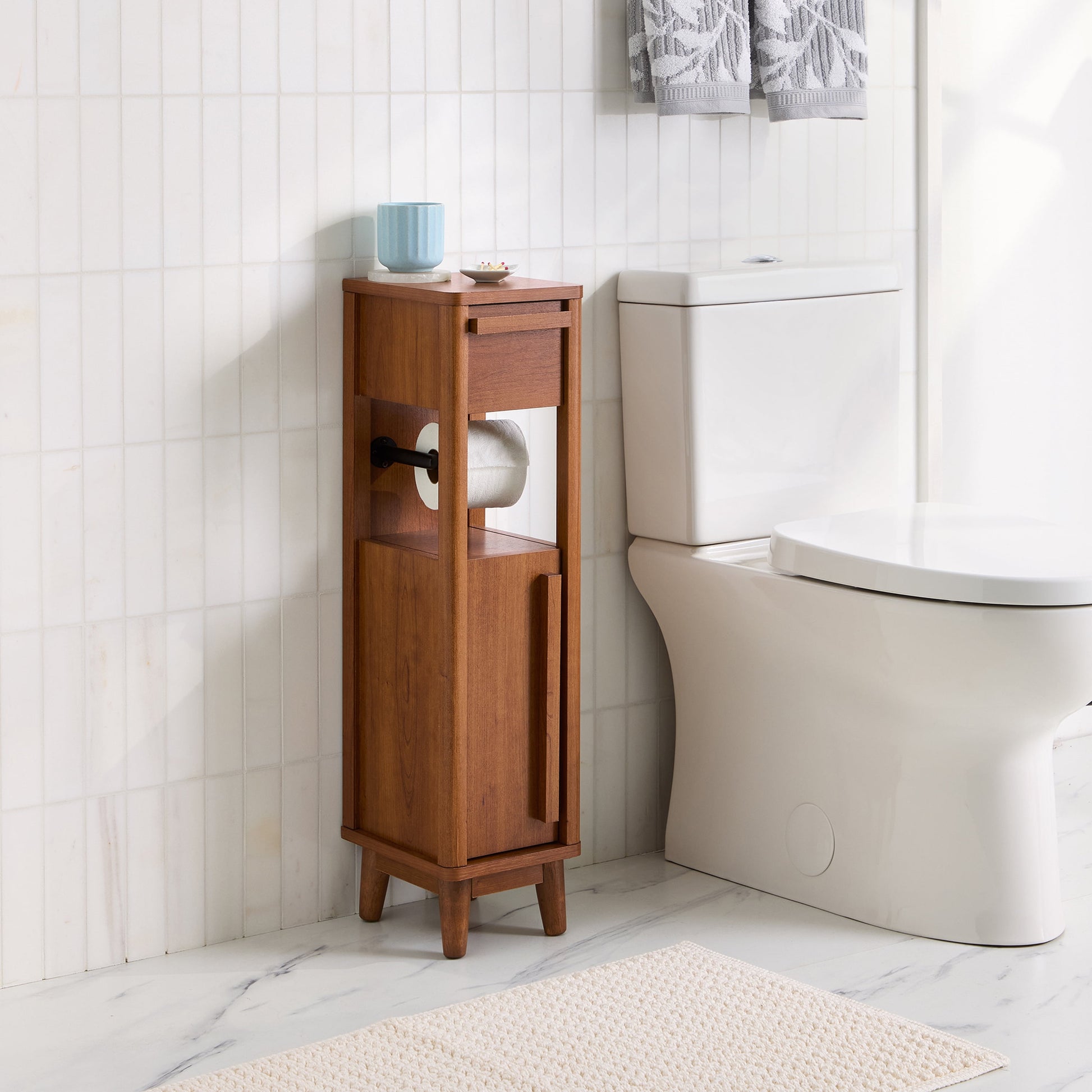 Better Homes & Gardens Greyson Slim Bathroom Storage Cabinet with Toilet Paper Holder, Walnut Finish