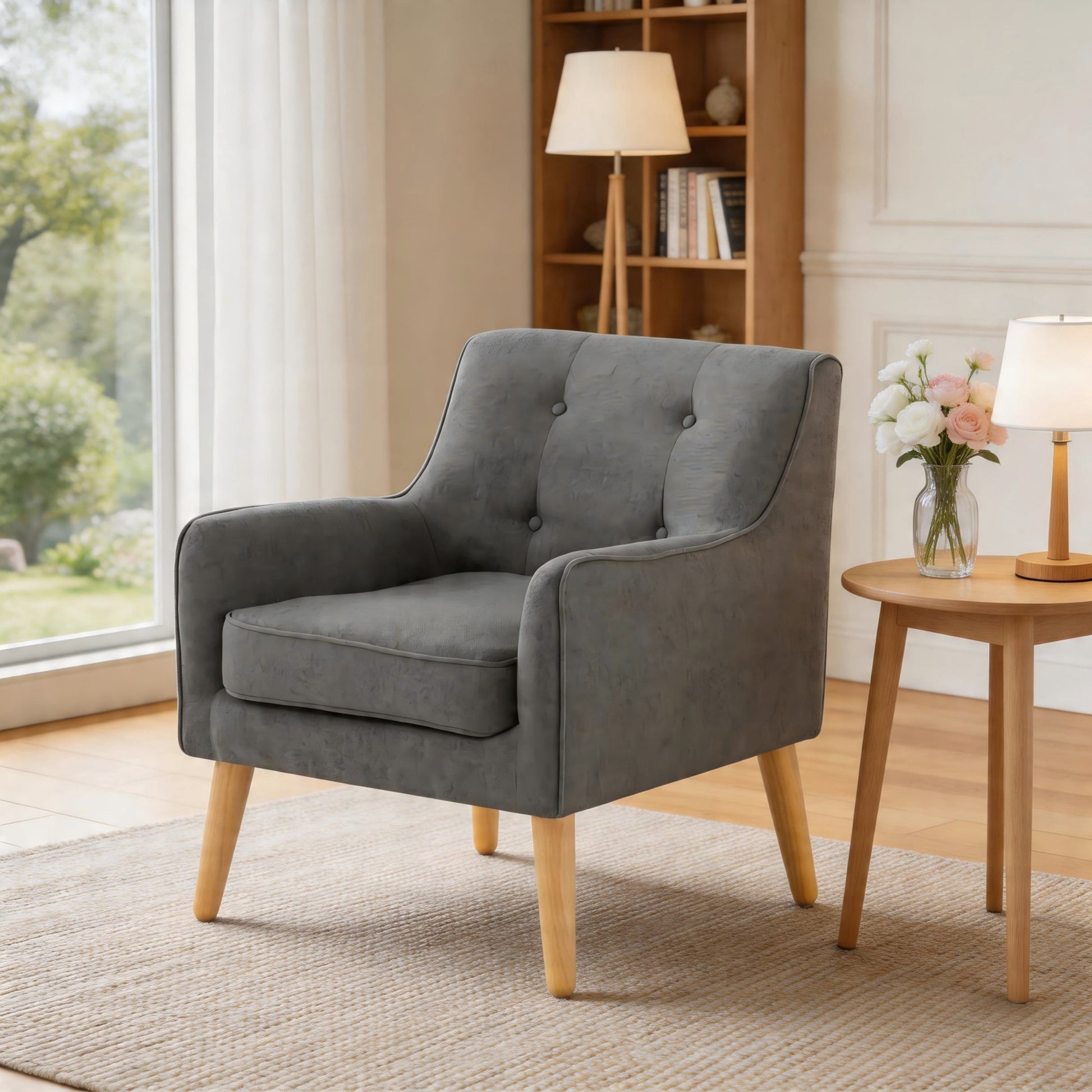 BSHTI 24.41" Accent Chair with Tufted Ergonomic Backrest â€“ Solid Wood Frame, High-Density Foam Seat, Easy Assembly, Space-Saving for Living Room, Apartment, Small Space