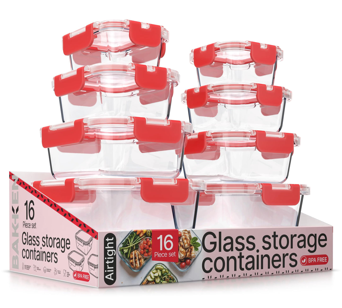 Bakken Borosilicate Glass Food Storage Containers with Lids 16 Pieces, Airtight Leak-Proof, Stackable Lunch Containers Microwave & Freezer Safe, Red