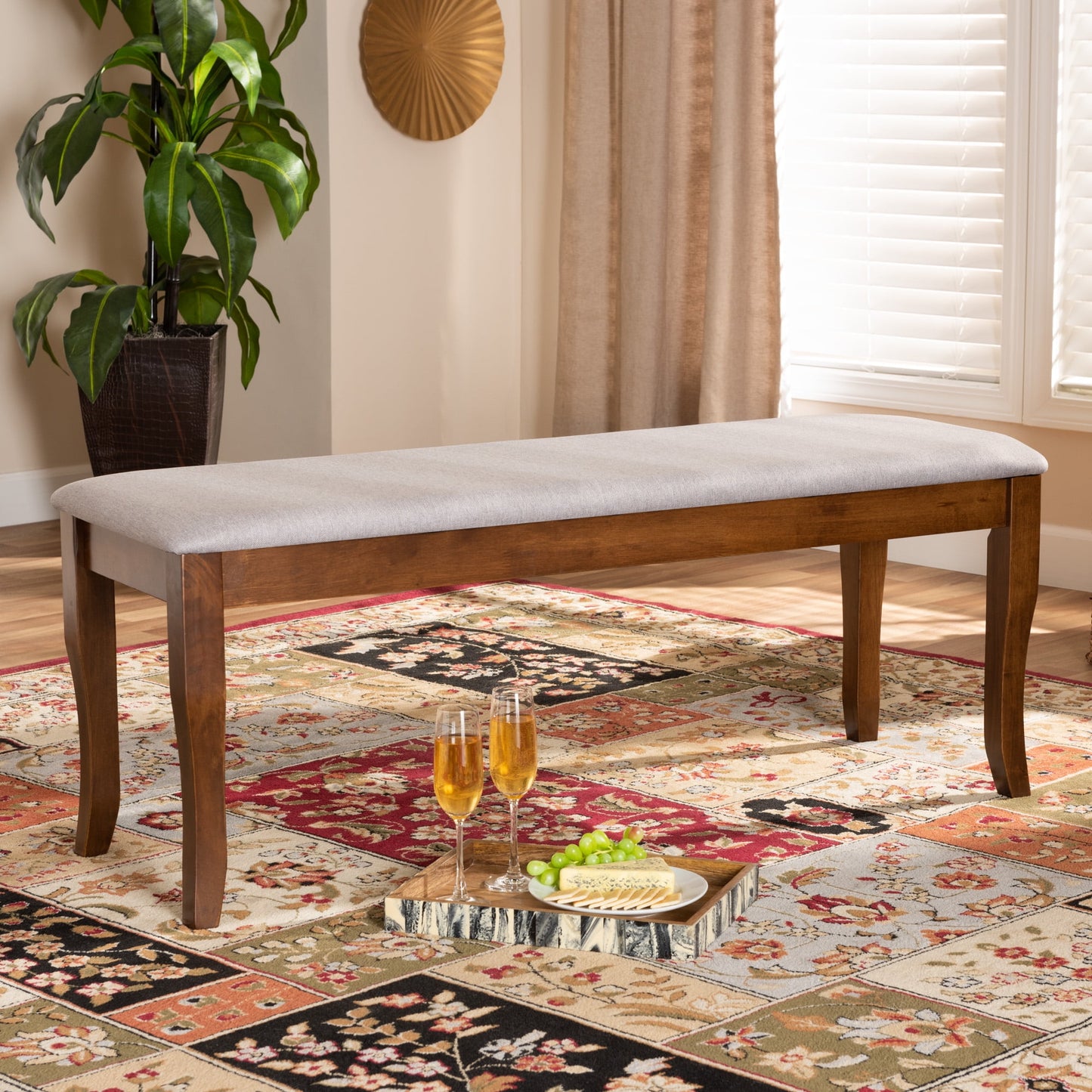 Baxton Studio Cornelie Modern and Contemporary Transitional Grey Fabric Upholstered and Walnut Brown Finished Wood Dining Bench