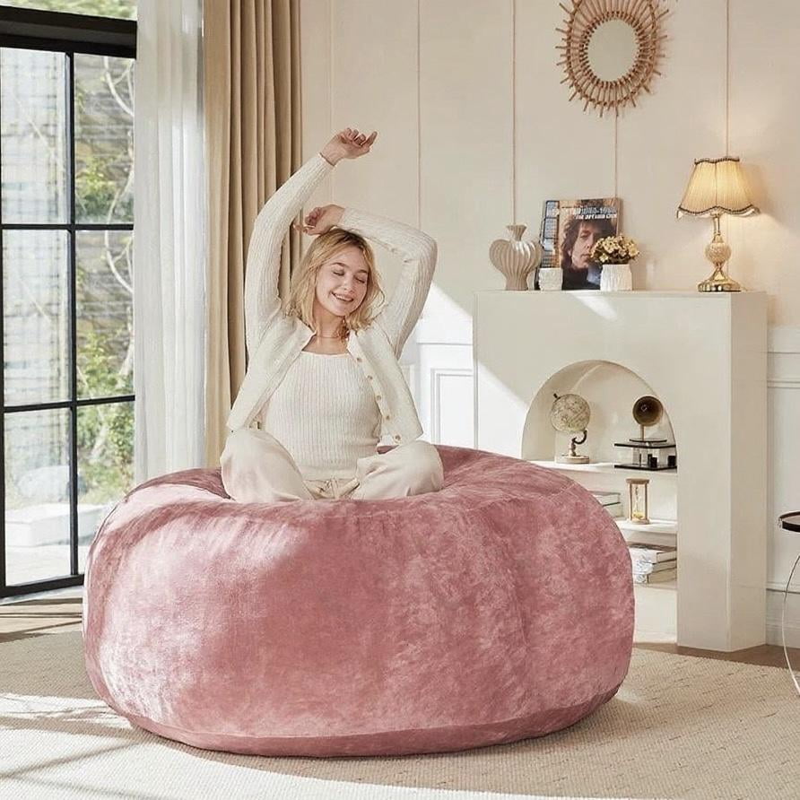 Bean Bag Chair, 4FT Memory Foam Filling Adult and Teen Sofa Chair, Soft Round Sofa with Removable Flannel Cover, for Living Room Bedroom and Dorm, Light Pink