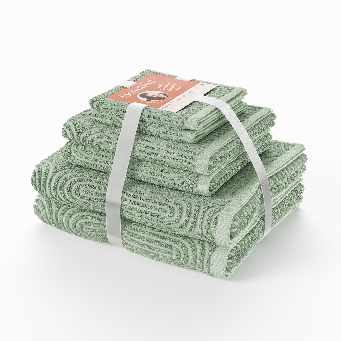 Beautiful by Drew Barrymore 6-Piece Towel Set, Soft 100% Cotton, Sage Green