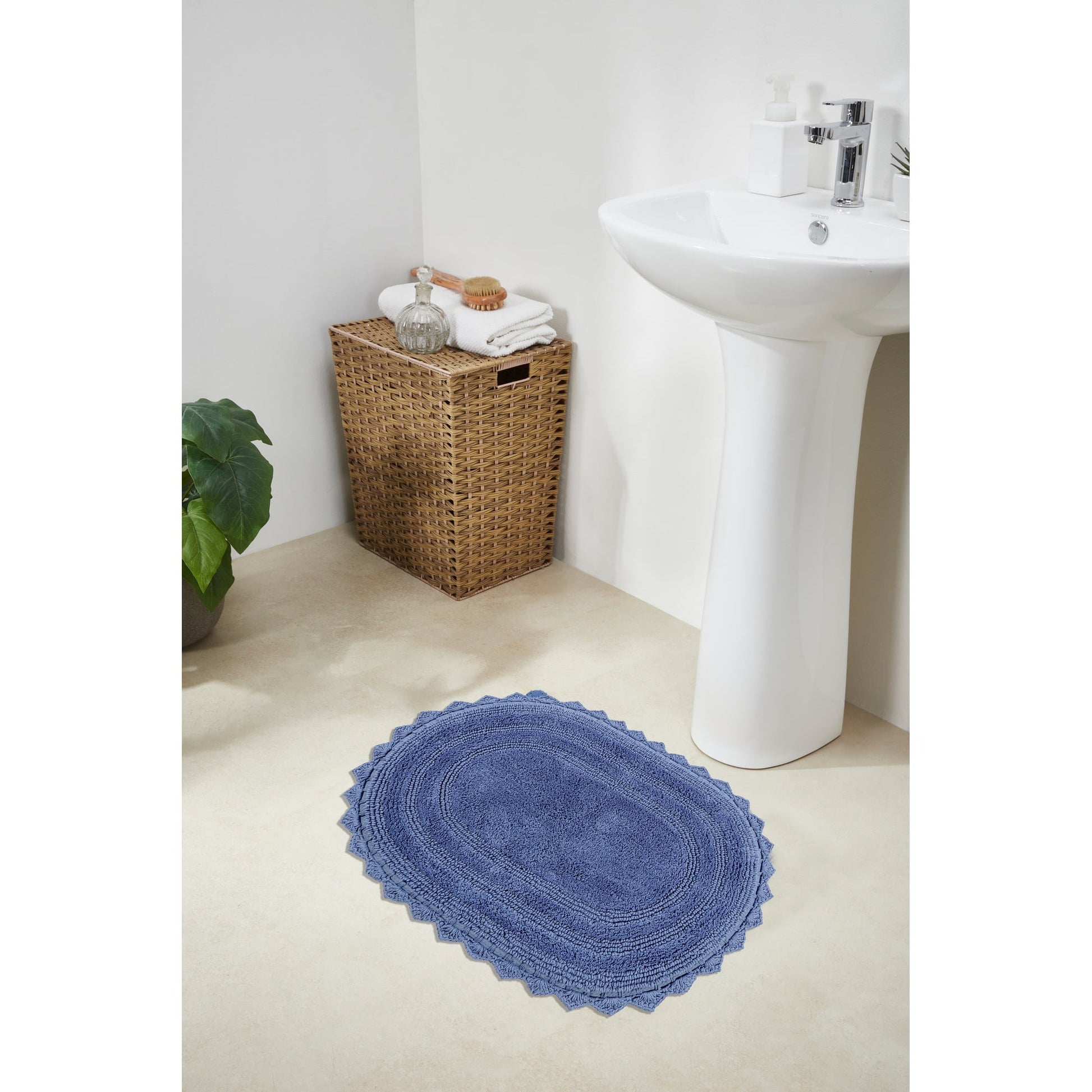 Better Trends 17" x 24" Oval Shape Bath Mat 100% Cotton Bathroom Rug Water Absorbent Bath Rug Machine Washable (Blue) Lilly Crochet Collection