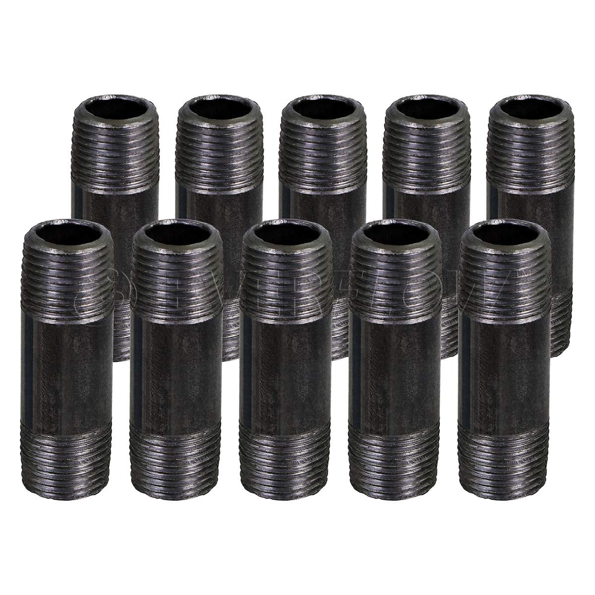 Black Steel Nipple Pipe, Threaded Pre Cut Pipe Connectors, 3/8 in x 5-1/2 in (Pack Of 10)