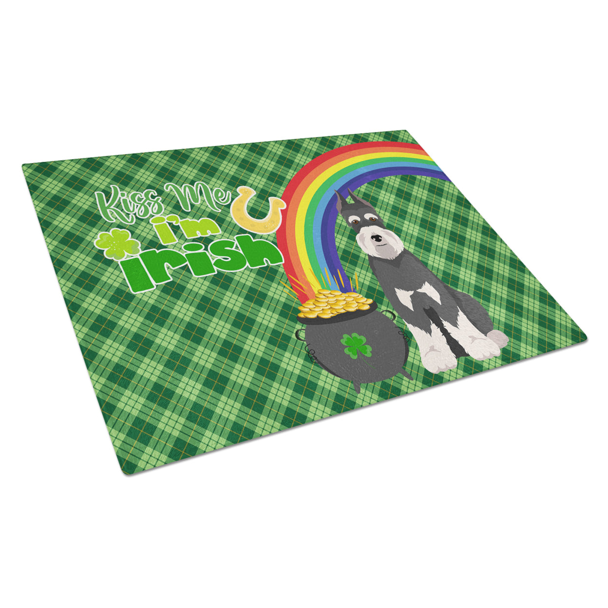 Black and Silver Schnauzer St. Patrick's Day Glass Cutting Board Large 12 in x 15 in