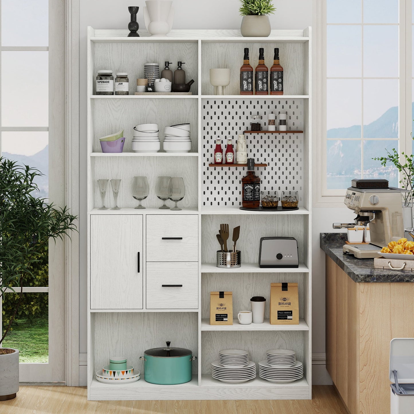 GARITIN EstanterÃ­a con Panel Perforado y CajÃ³n O Gabinete de Despensa de Cocina, 9 Estantes de ExhibiciÃ³n para Libros, Unidad Moderna de EstanterÃ­a Ancha de Madera para Sala, Blanco