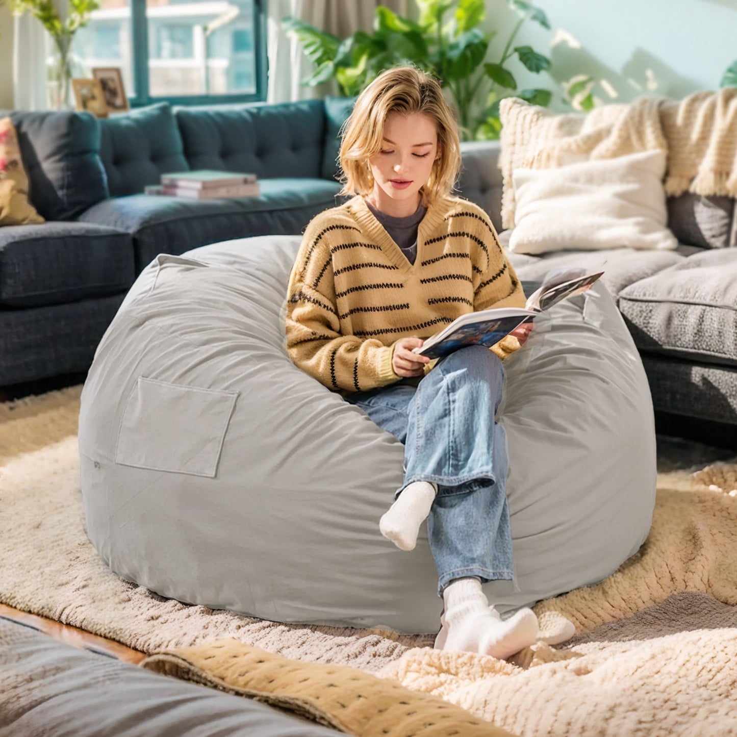 CONCETTA 3ft Sofa Bean Bag Chair , Oversized Beanbag for Adults with Soft Removable Cover, Dark Gray