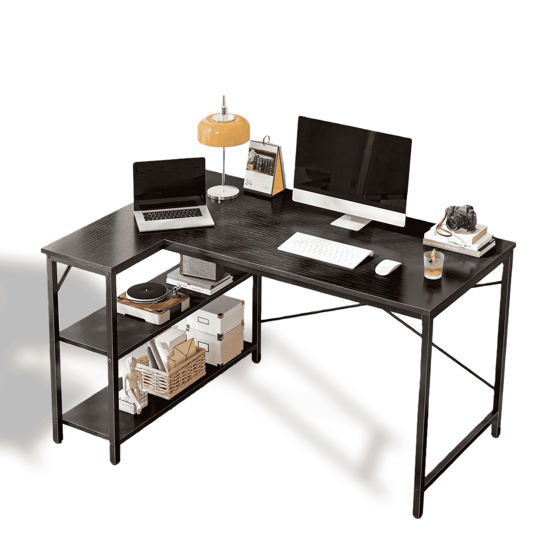 CONCETTA 47â€ L Shaped Computer Desk with Reversible Storage Shelves, Corner Gaming Desk with PC Stand, Home Office Writing Study Table, Brown