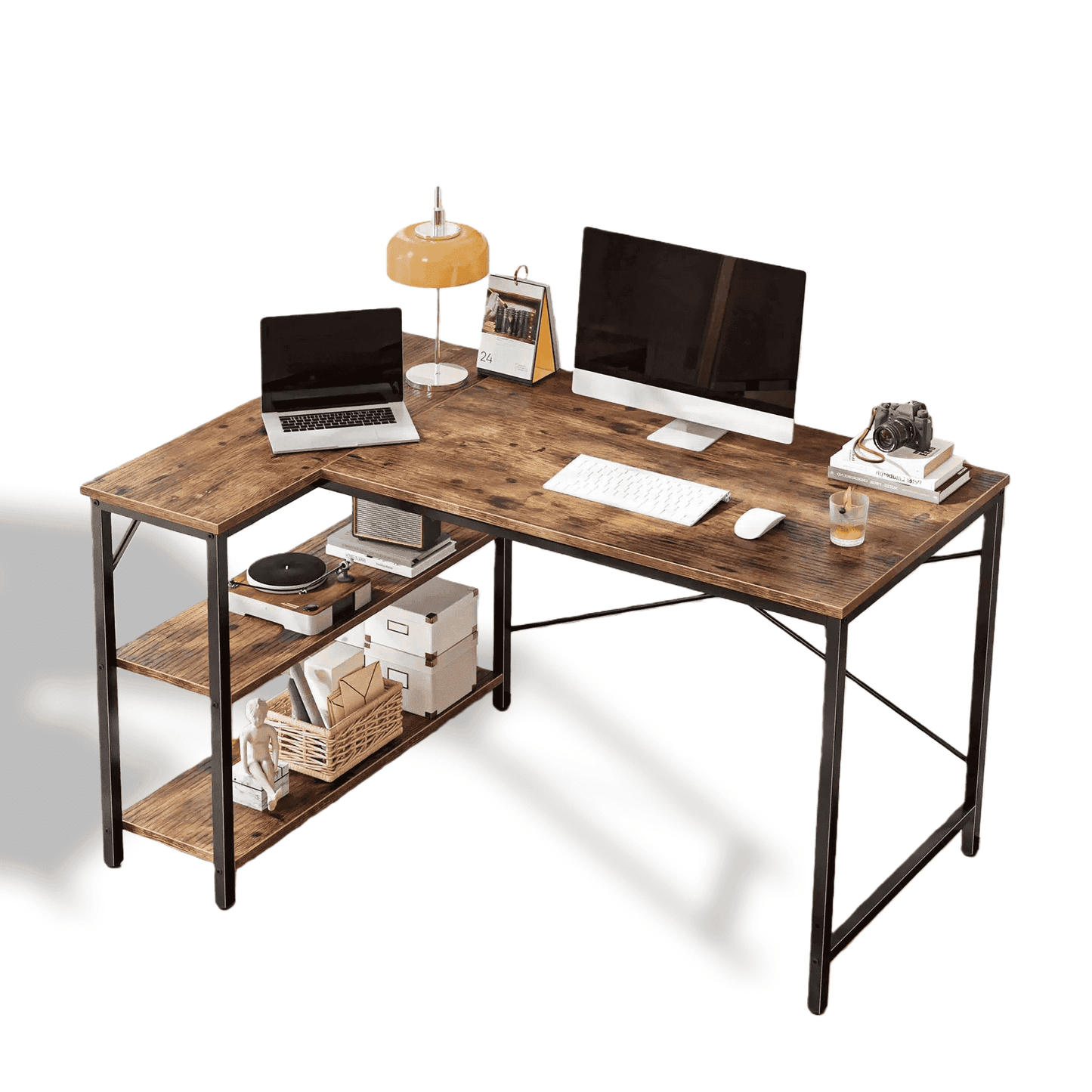 CONCETTA 47â€ L Shaped Computer Desk with Reversible Storage Shelves, Corner Gaming Desk with PC Stand, Home Office Writing Study Table, Black