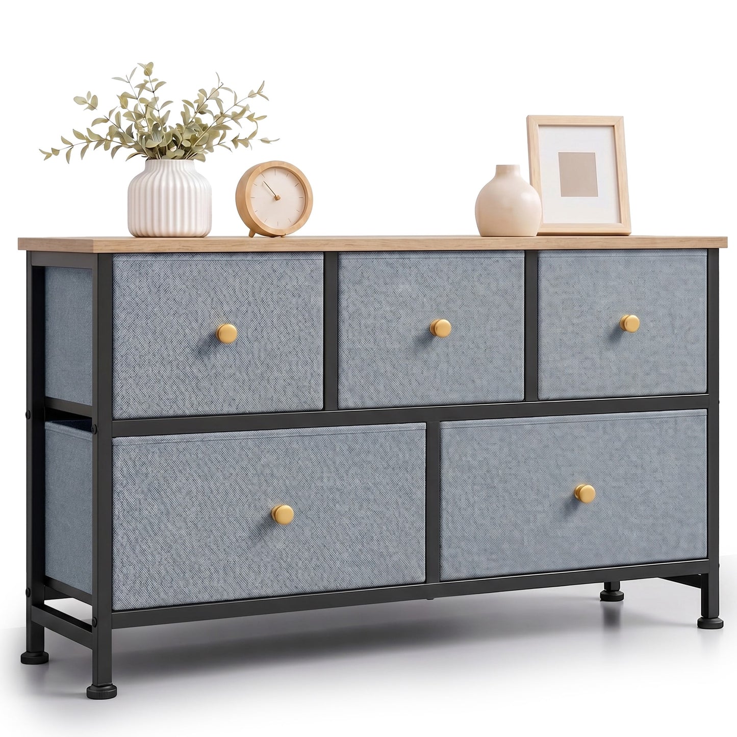 CONCETTA Dresser 5 Fabric Storage Drawer Dresser, TV Stand, Chest of Drawers for Bedroom, Closet, Entryway, Living Room, Blue