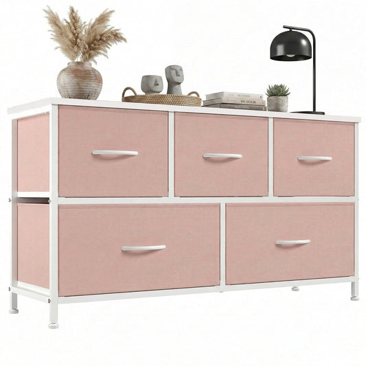 CONCETTA Dresser 5 Fabric Storage Drawer Dresser, TV Stand, Chest of Drawers for Bedroom, Closet, Entryway, Living Room, Pink