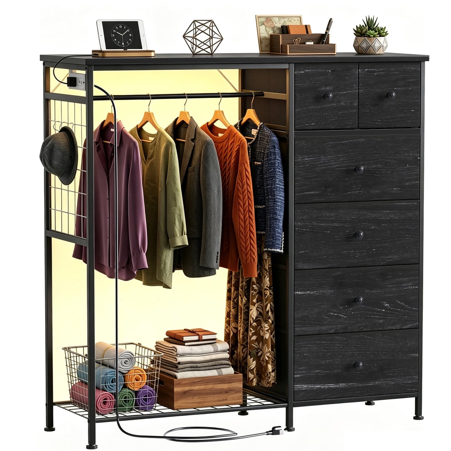 CONCETTA Dresser for Bedroom with Hanging Rack 6 Drawers Dresser, LED Lights & Charging Station, Wooden Top, Grid Panel, Black Wood