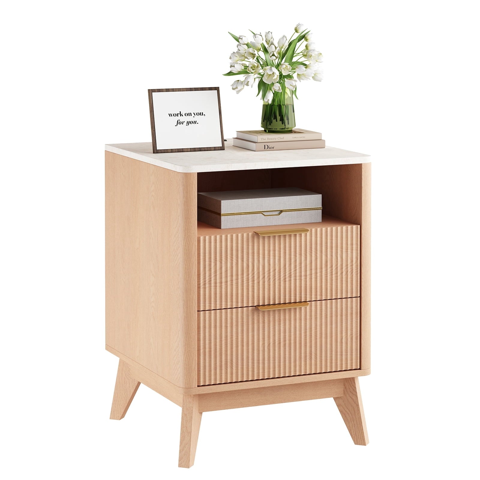 CONCETTA Fluted Nightstand with Charging Station, Faux Marble Top Bedside Table with 2 Drawers and Open Shelf for Bedroom, Living Room, Natural Oak
