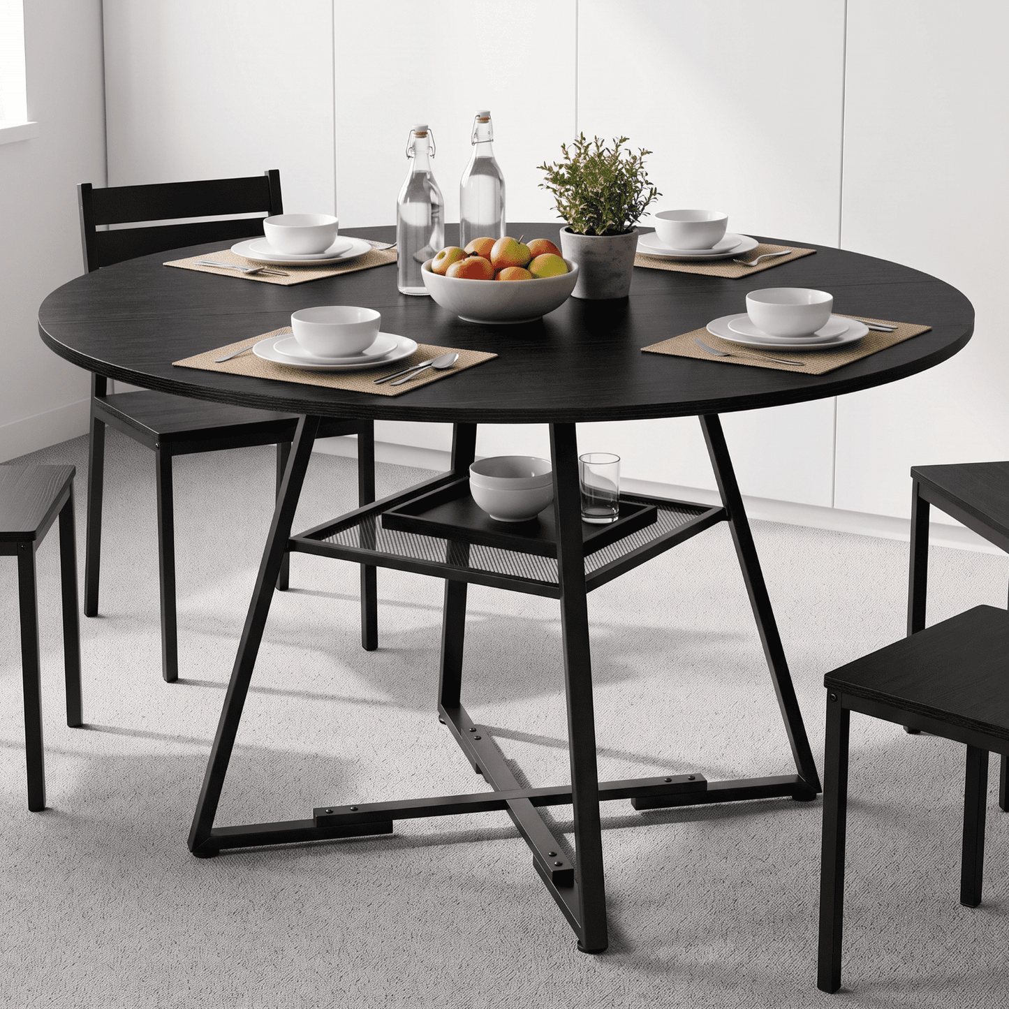 CONCETTA 47 Inch Round Dining Table for 4-6, Farmhouse Kitchen & Dining Room Table with Dual-Tier Storage Shelf, Heavy-Duty Pedestal Metal Frame, Space-Saving Circular Table for Apartment, Black