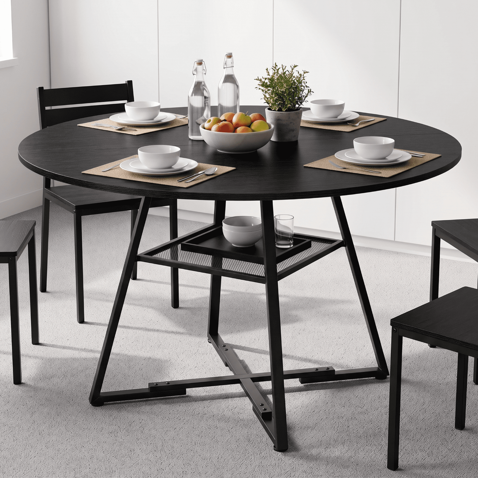 CONCETTA 47 Inch Round Dining Table for 4-6, Farmhouse Kitchen & Dining Room Table with Dual-Tier Storage Shelf, Heavy-Duty Pedestal Metal Frame, Space-Saving Circular Table for Apartment, Black