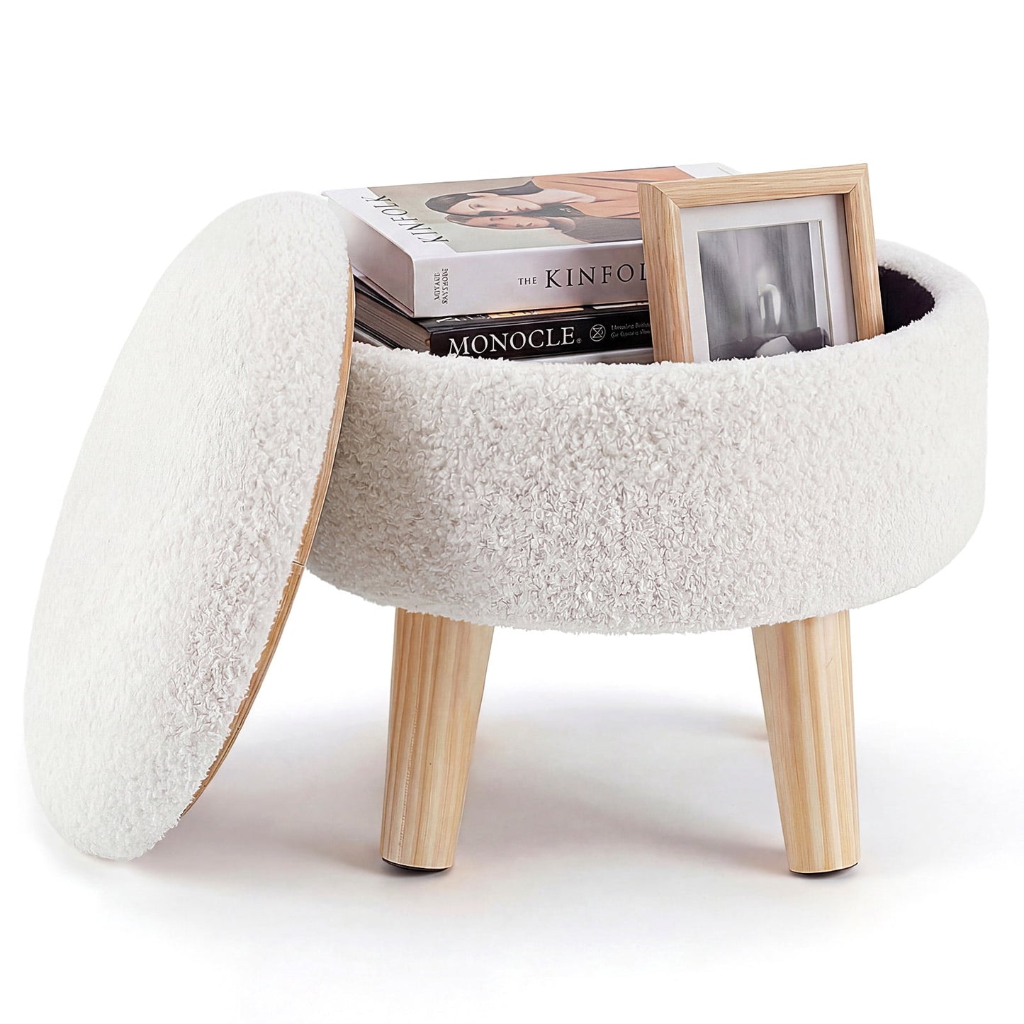 CONCETTA Round Storage Ottoman with Soft Padded Seat, Teddy Velvet Footstool with Wood Legs, Accent Ottoman for Living Room & Entryway, Beige