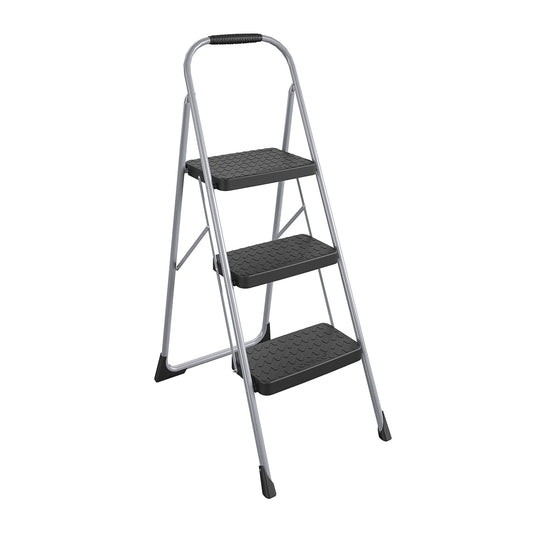COSCO 3-Step Big Step, Steel Step Stool with Rubber Hand Grip, 9 Ft. Max Reach, 200 lb. Weight Capacity (Platinum/Black)