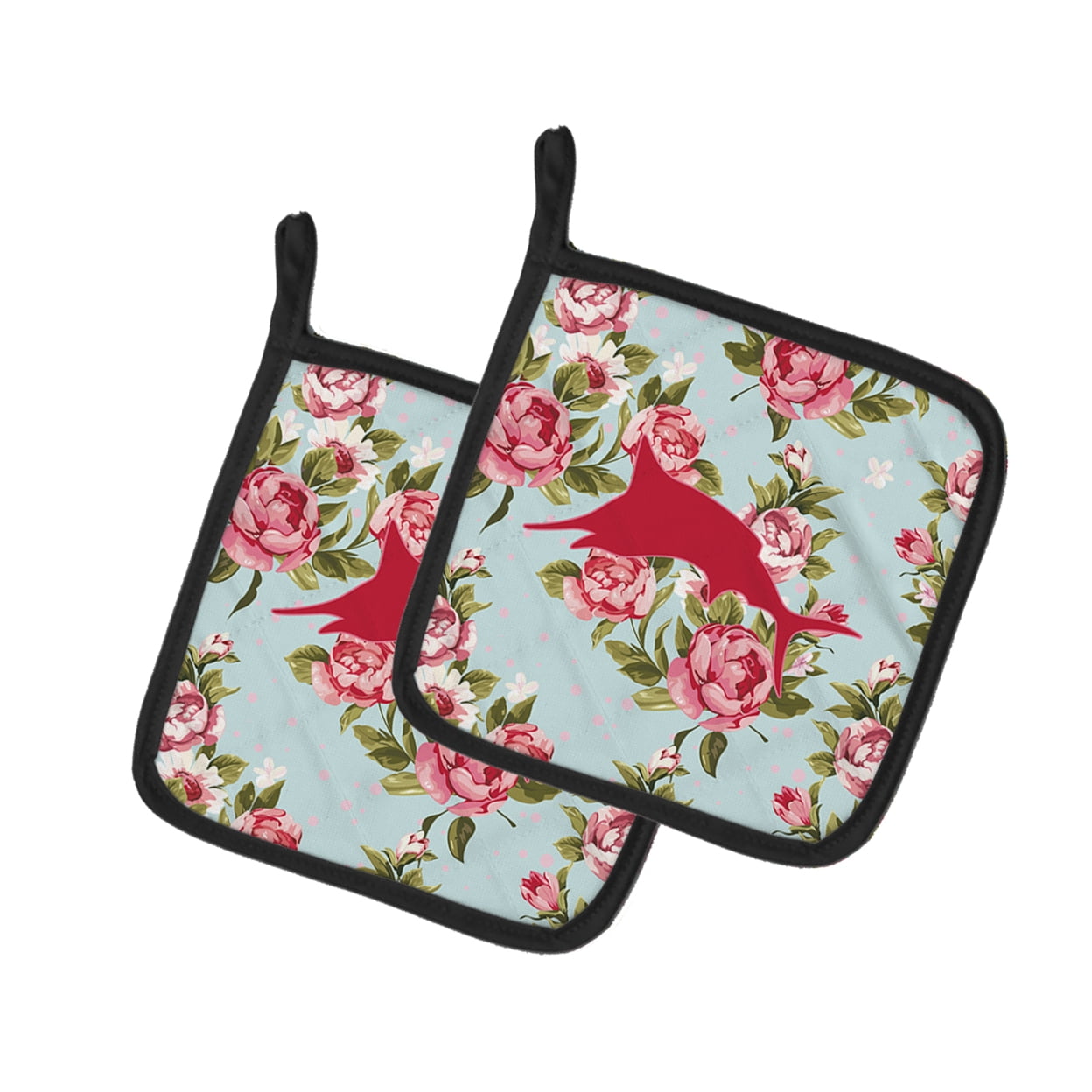 Fish - Marlin Shabby Chic Blue Roses Pair of Pot Holders