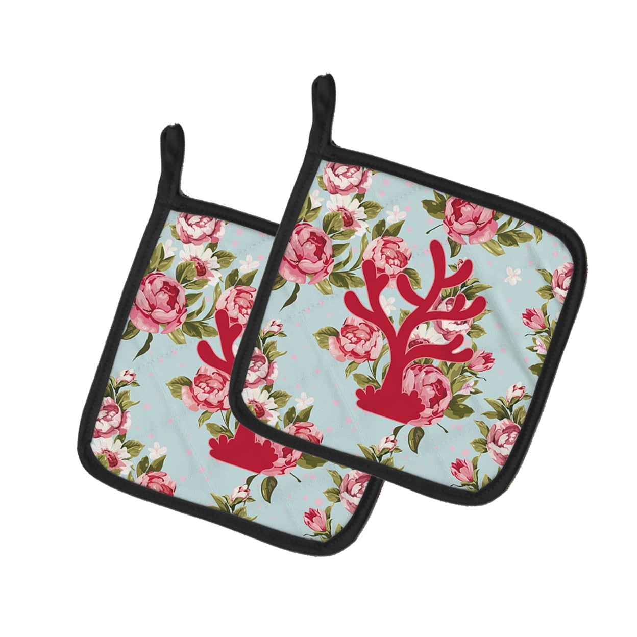 Caroline's Treasures BB1101-RS-BU-PTHD Coral Shabby Chic Blue Roses Pair of Pot Holders , 7.5HX7.5W, multicolor