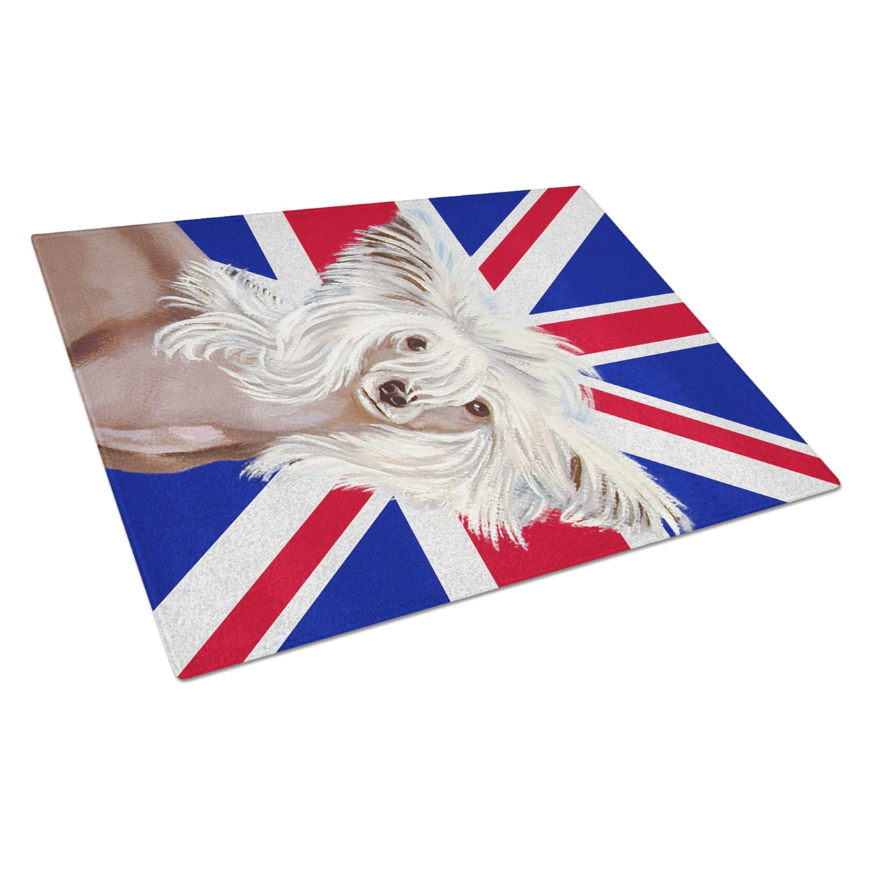 Caroline's Treasures Chinese Crested with English Union Jack British Flag Glass Cutting Board Large Size
