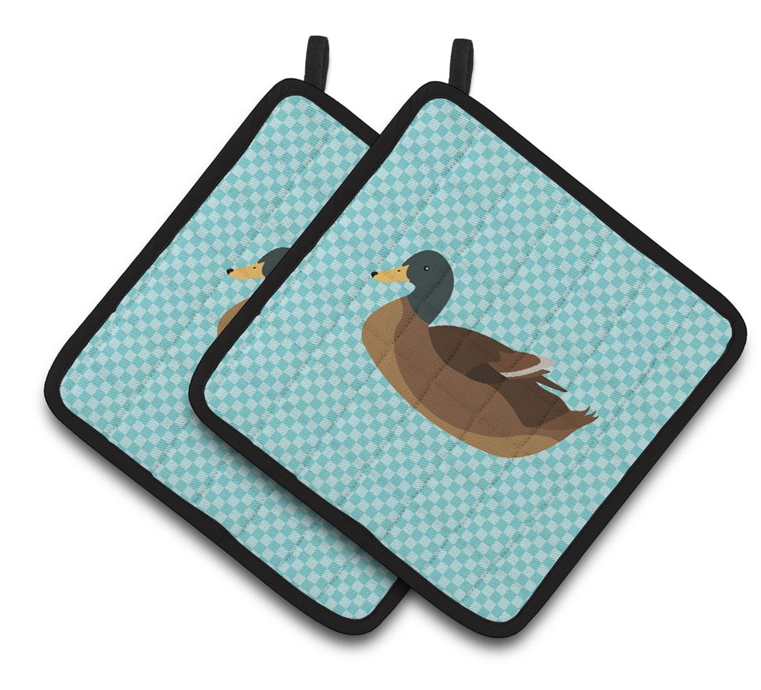 Caroline's Treasures Khaki Campbell Duck Blue Check Pair of Pot Holders