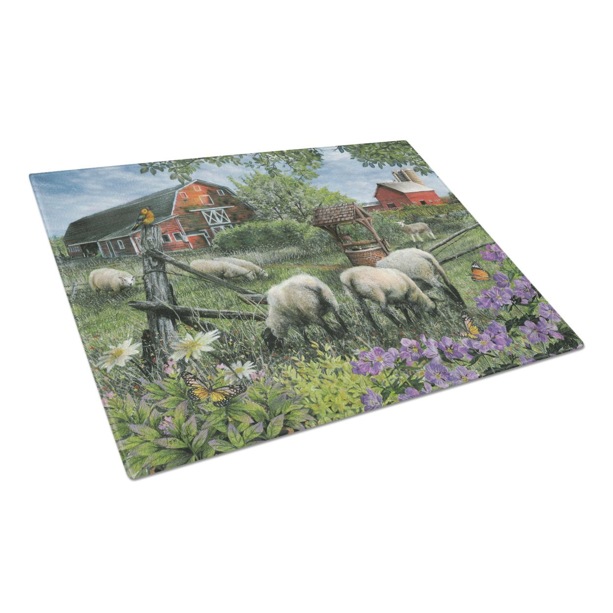 Caroline's Treasures Pleasant Valley Sheep Farm Glass Cutting Board Large