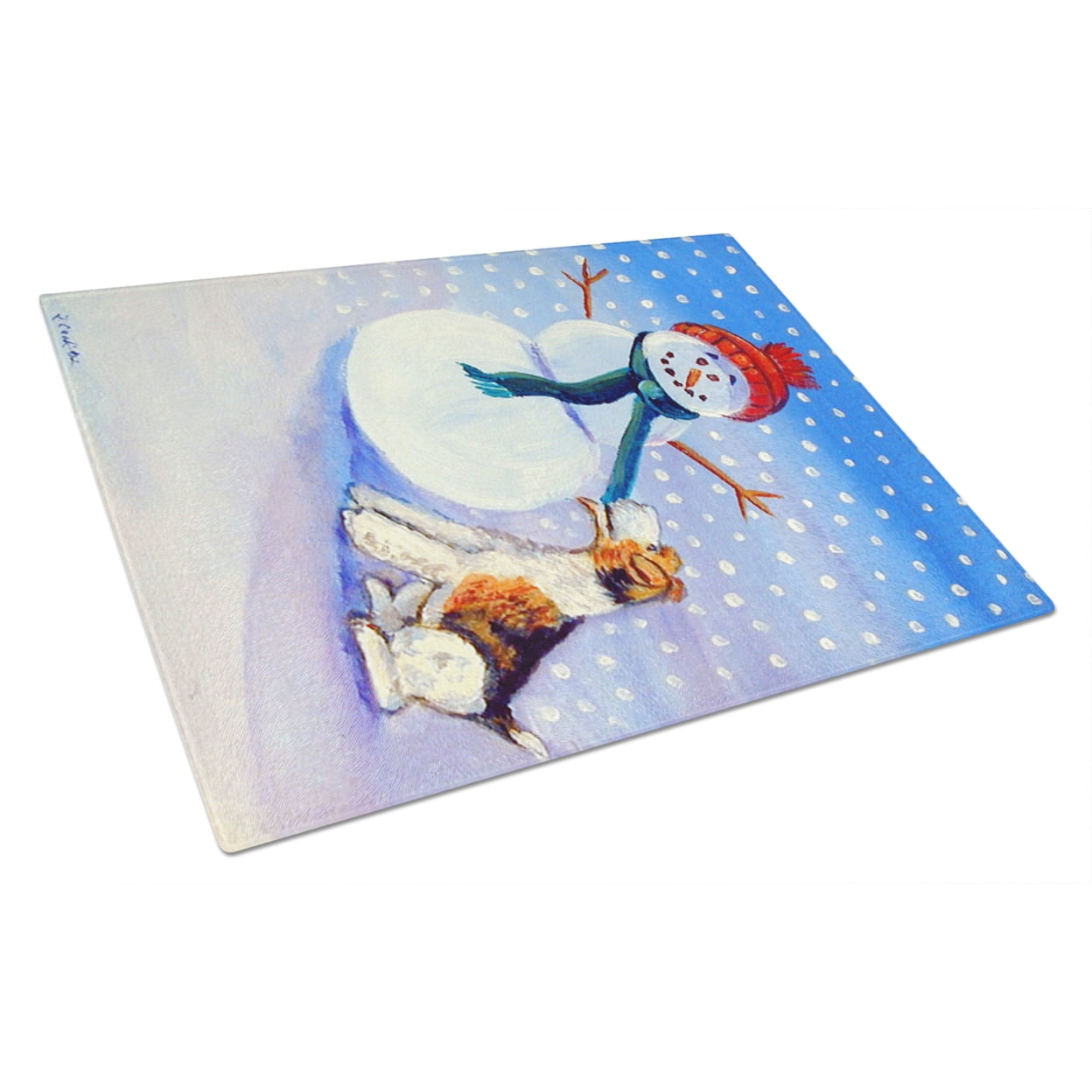 Caroline's Treasures Snowman with Fox Terrier Glass Cutting Board Large