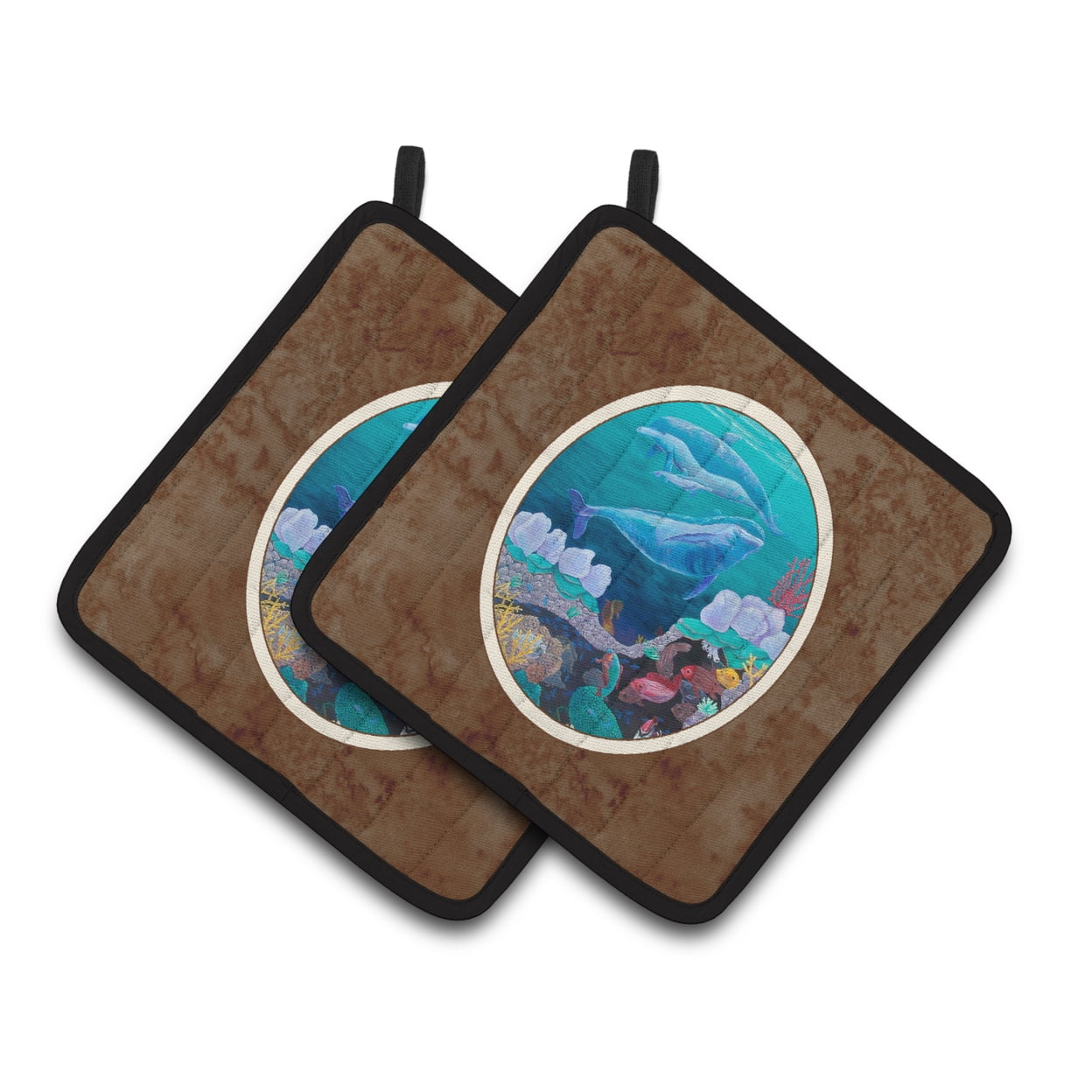Carolines Treasures 7143PTHD Dolphin Familty Swimming Pair of Pot Holders , 7.5HX7.5W, multicolor
