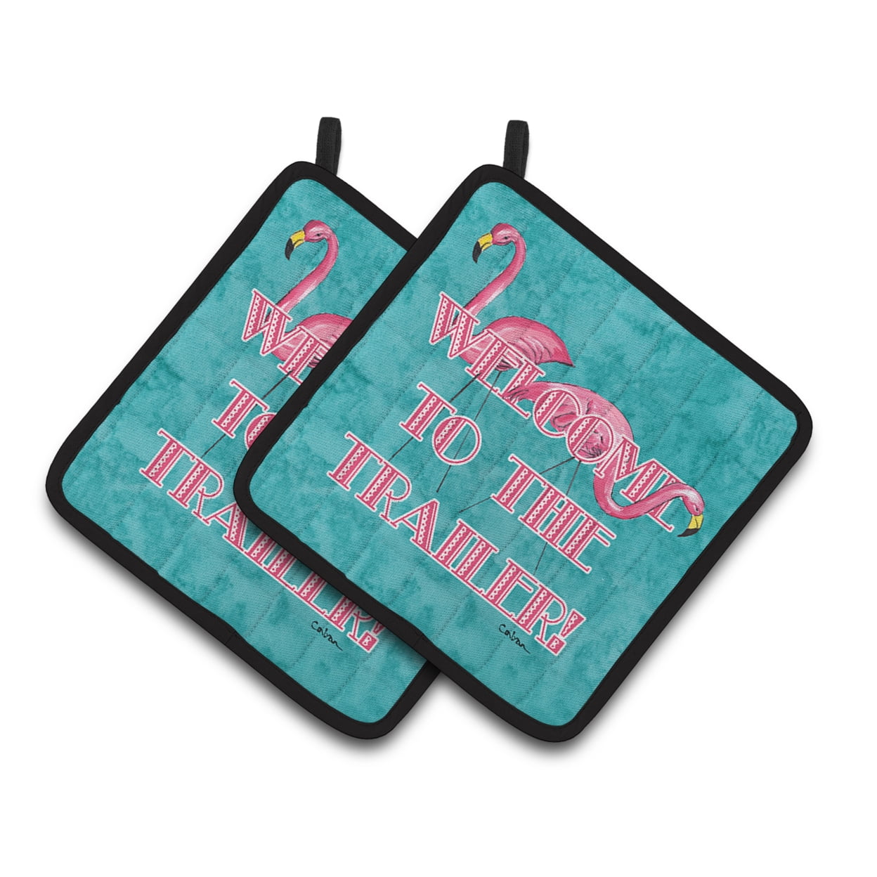 Welcome to the Trailer with Flamingos Pair of Pot Holders