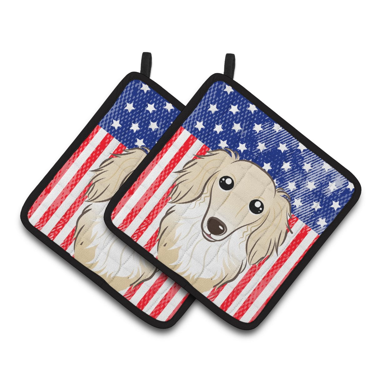 Carolines Treasures BB2142PTHD Flag and Longhair Creme Dachshund Pair of Pot Holders , 7.5HX7.5W, multicolor