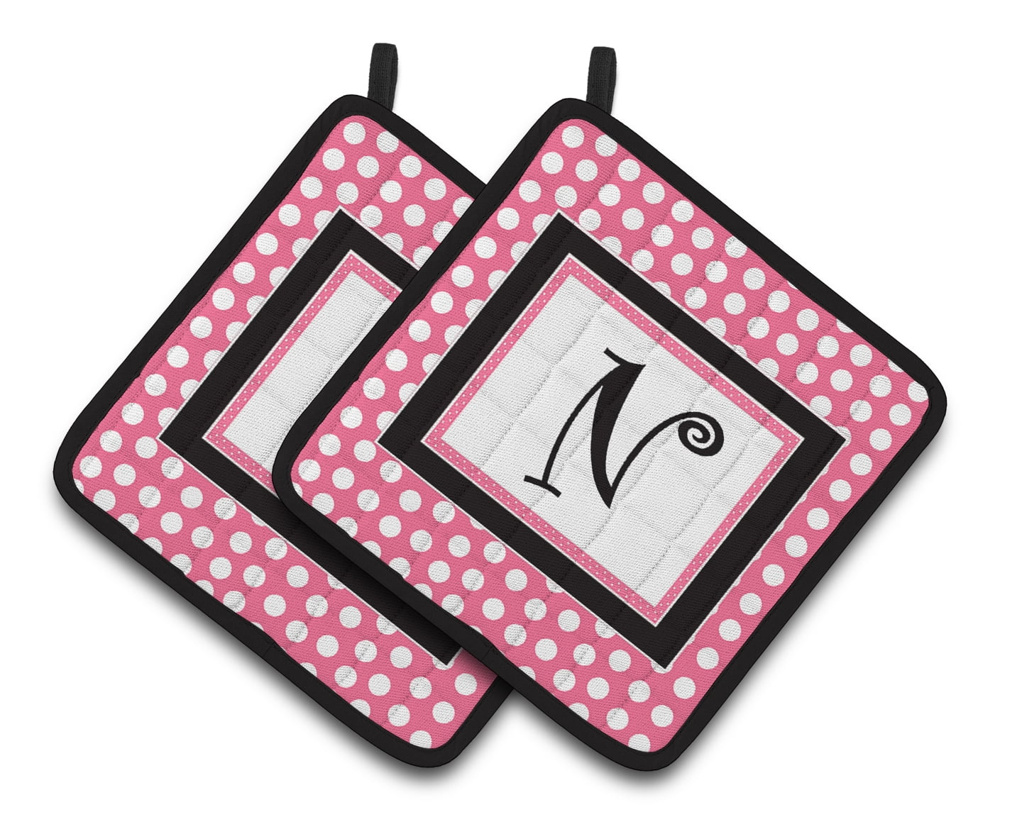 Letter N Monogram - Pink Black Polka Dots Pair of Pot Holders