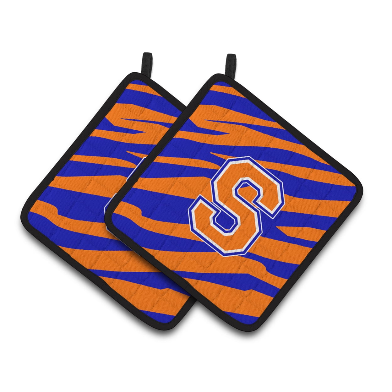 Carolines Treasures CJ1023-SPTHD Letter S Initial Tiger Stripe - Blue Orange Pair of Pot Holders, 7.5HX7.5W, multicolor