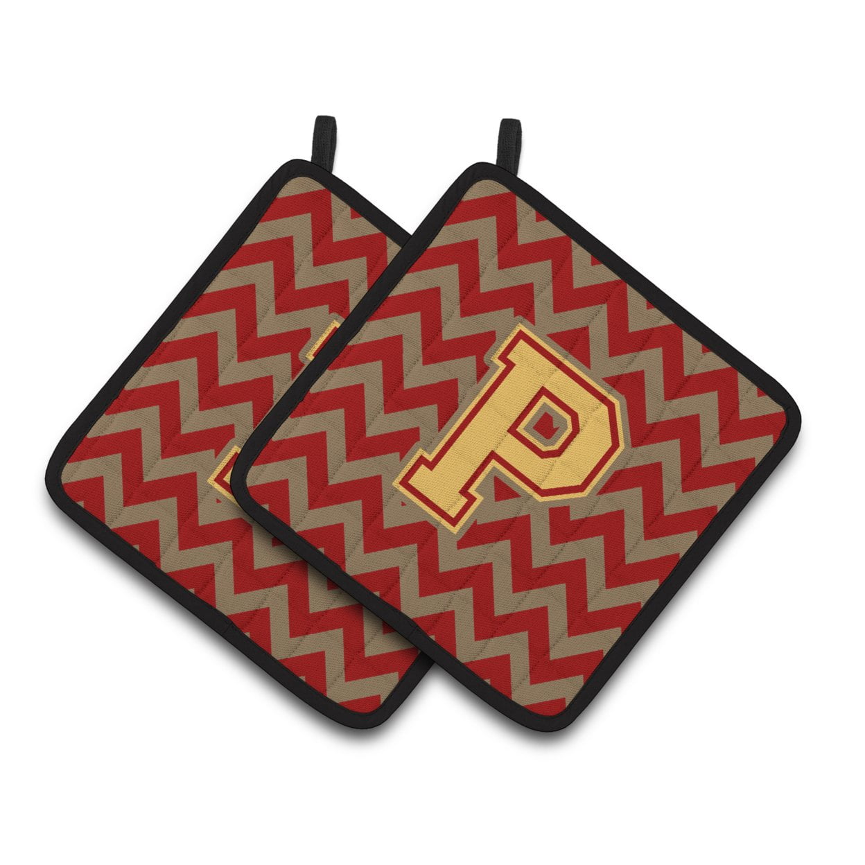 Letter P Chevron Garnet and Gold Pair of Pot Holders