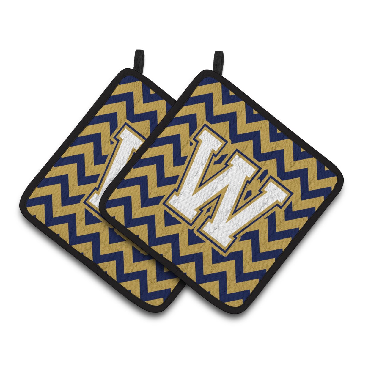 Carolines Treasures CJ1057-WPTHD Letter W Chevron Navy Blue and Gold Pair of Pot Holders, 7.5HX7.5W, multicolor
