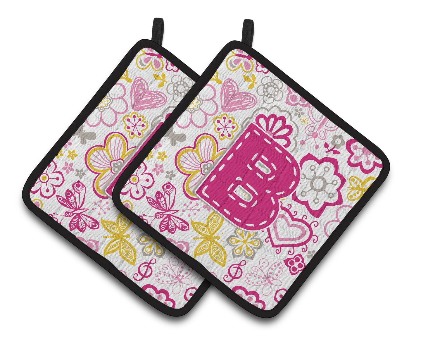 Letter B Flowers and Butterflies Pink Pair of Pot Holders