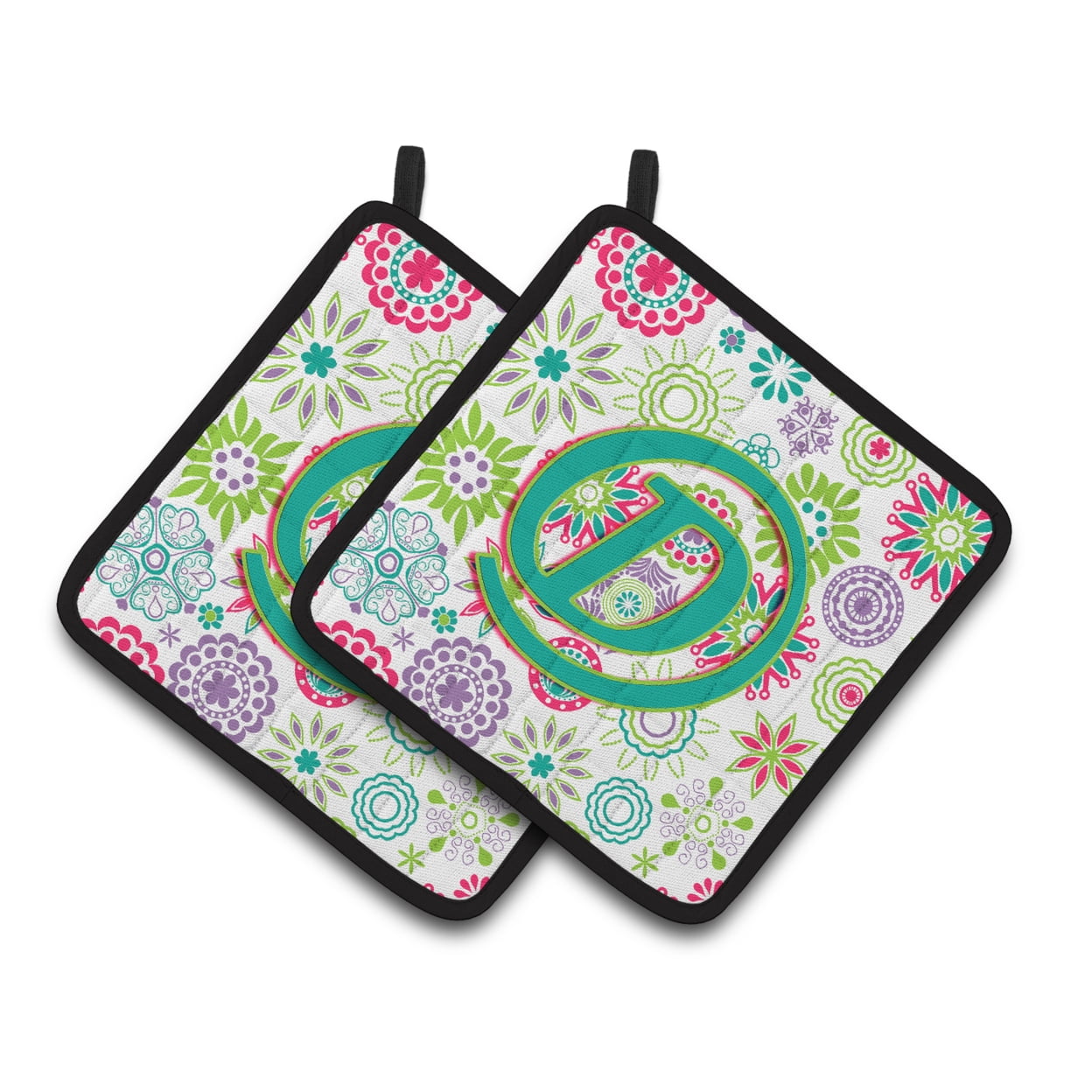 Carolines Treasures CJ2011-DPTHD Letter D Flowers Pink Teal Green Initial Pair of Pot Holders, 7.5HX7.5W, multicolor
