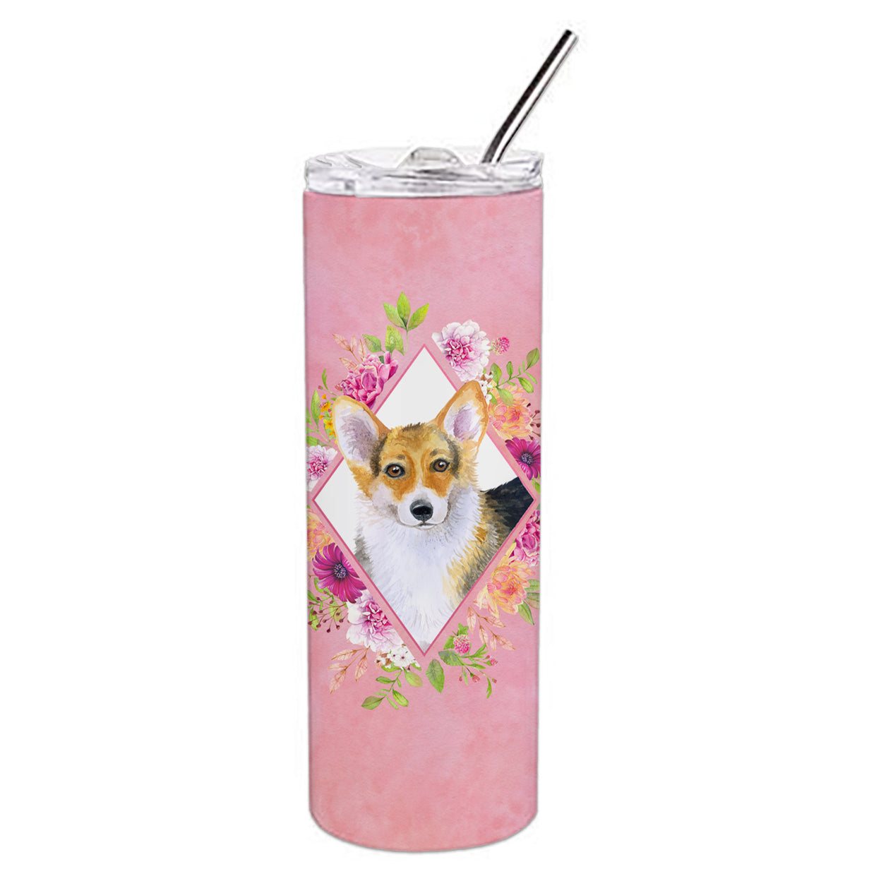 Carolines Treasures CK4167TBL20 Corgi Pink Flowers Stainless Steel 20 oz Skinny Tumbler 20 oz multicolor