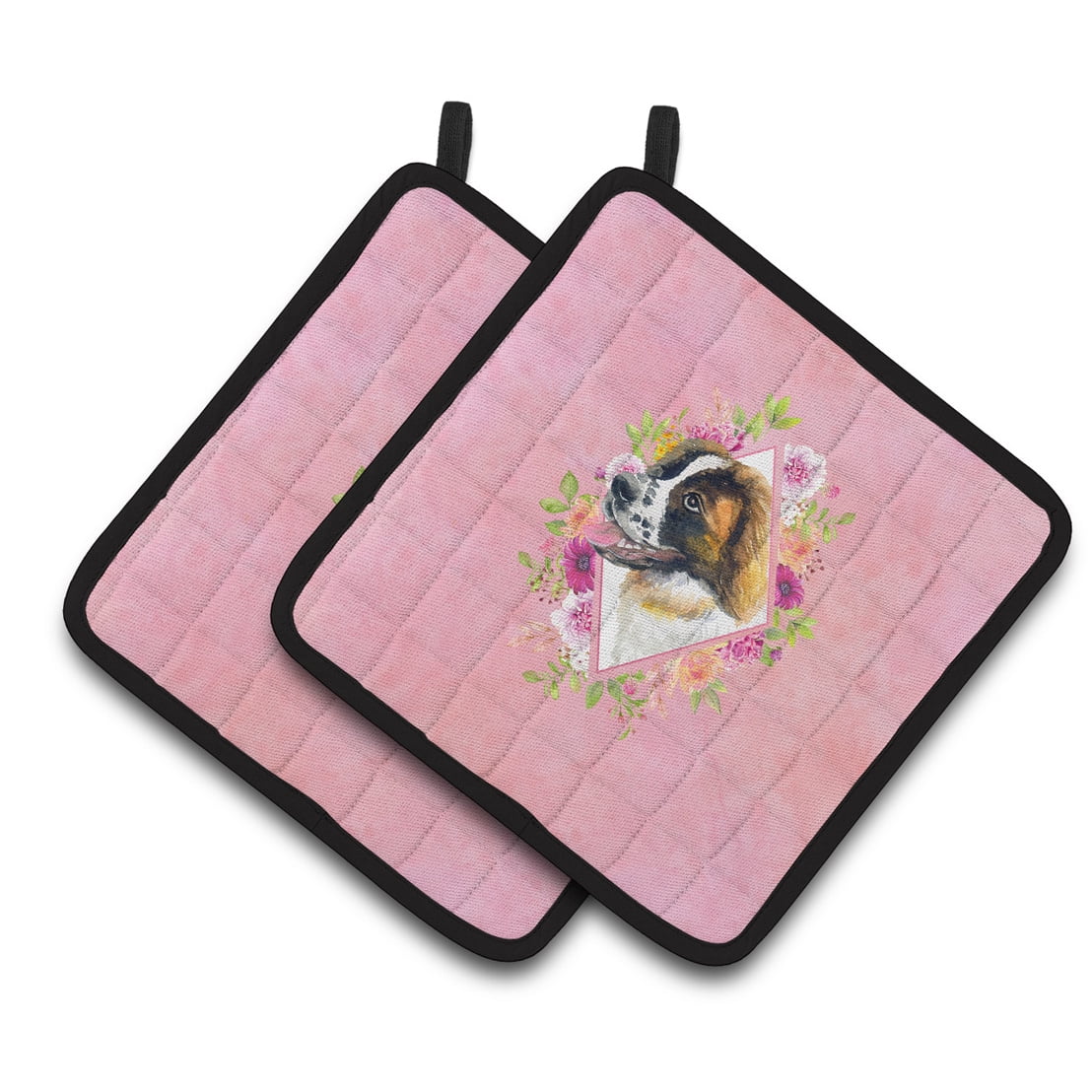Saint Bernard #2 Pink Flowers Pair of Pot Holders