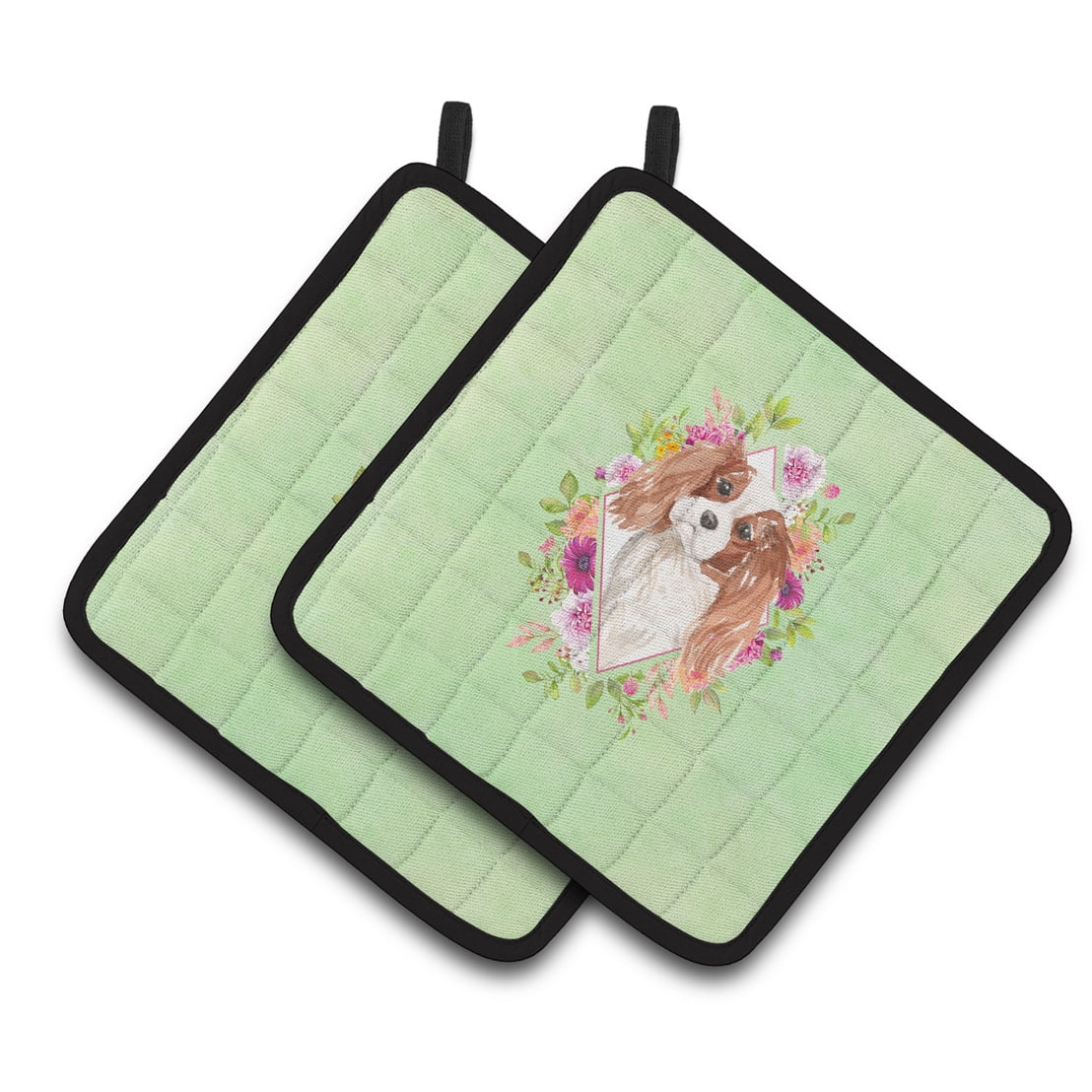Carolines Treasures CK4408PTHD Blenheim Cavalier Spaniel Green Flowers Pair of Pot Holders 7.5HX7.5W multicolor