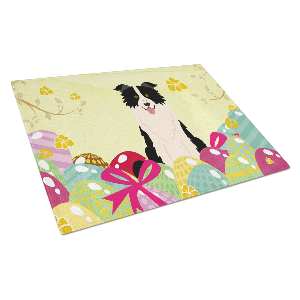 Carolines Treasures Easter Eggs Border Collie Black White Glass Cutting Board Large 12H x 16W multicolor
