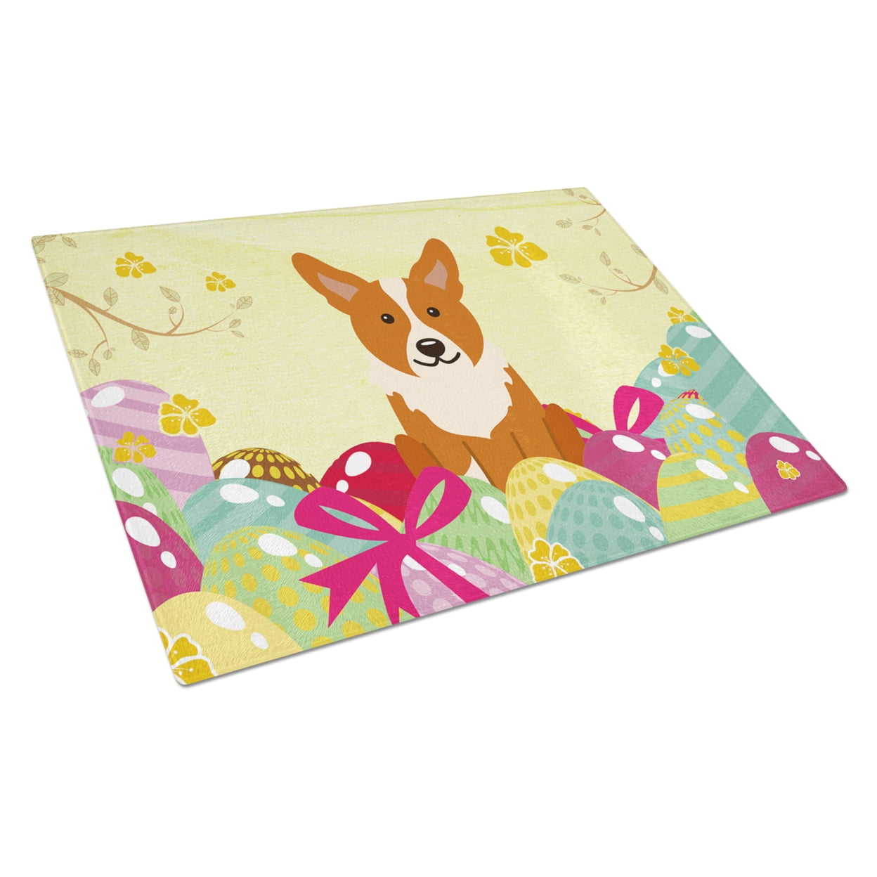 Carolines Treasures Easter Eggs Corgi Glass Cutting Board Large 12H x 16W multicolor