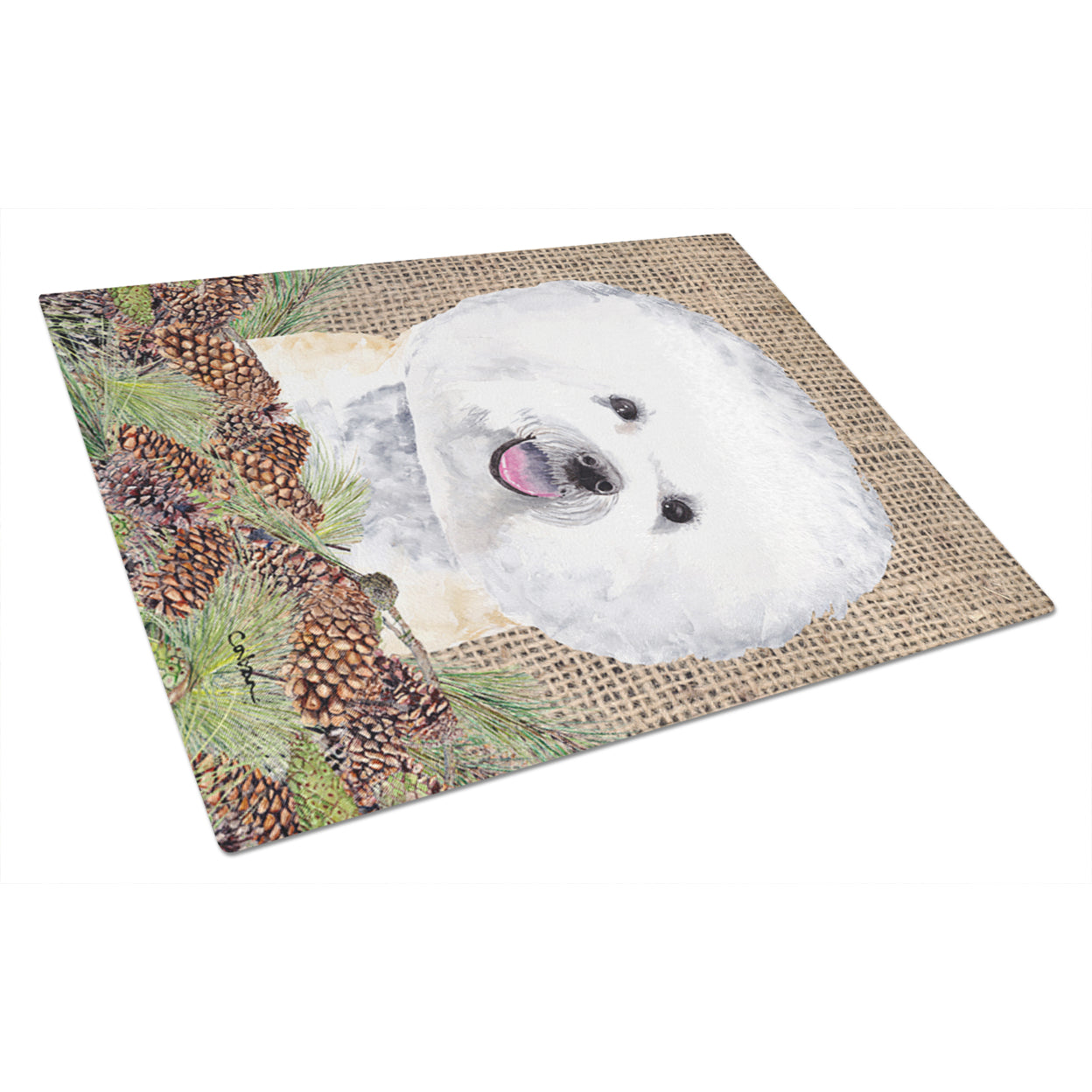 Carolines Treasures SC9047LCB Bichon Frise Faux Burlap and Pine cones Glass Cutting Board Large, 12H x 16W, multicolor