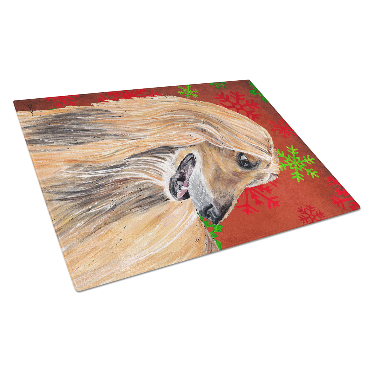 Carolines Treasures SC9501LCB Afghan Hound Red Snowflakes Holiday Christmas Glass Cutting Board - Large