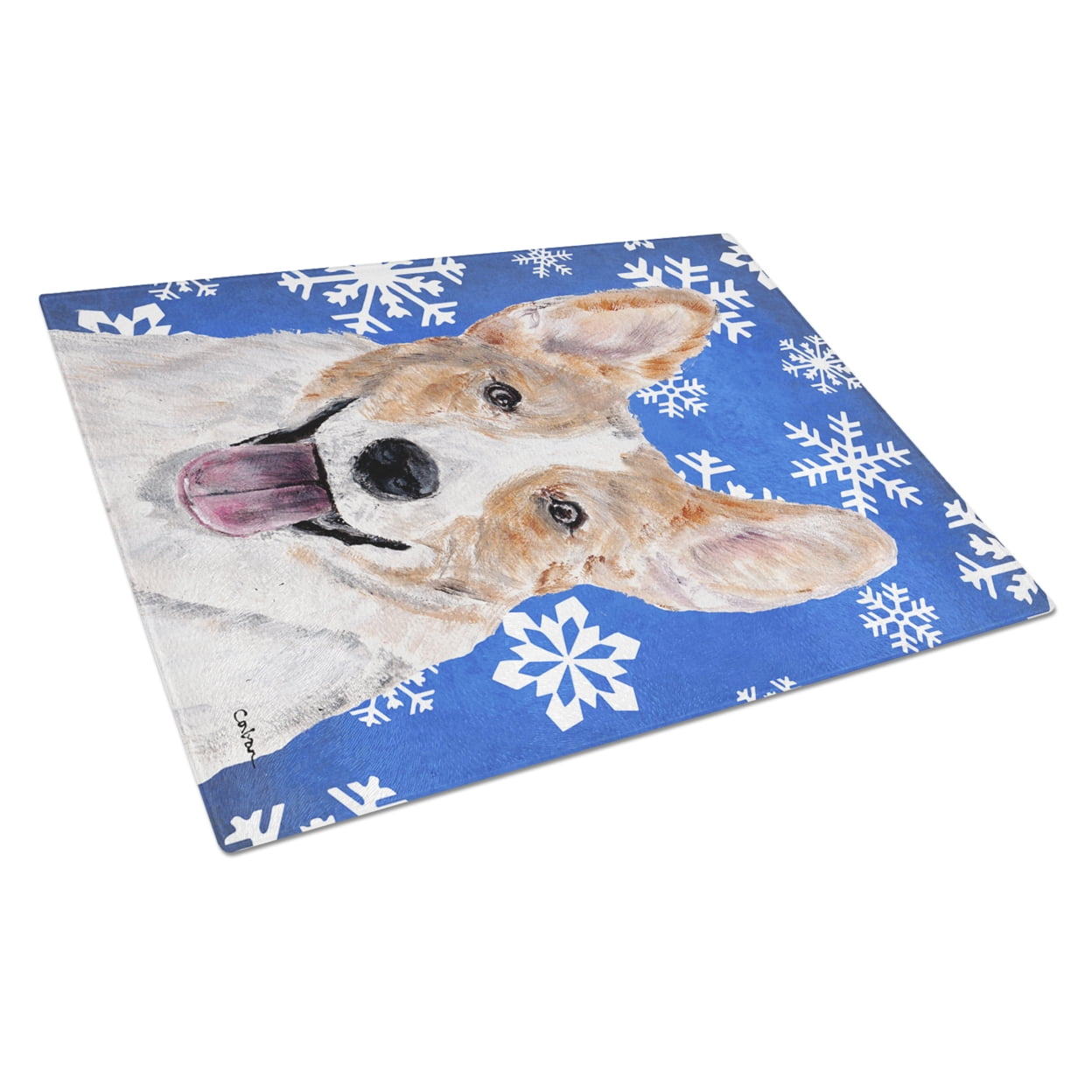 Carolines Treasures SC9768LCB Cardigan Corgi Winter Snowflakes Glass Cutting Board Large, 12H x 16W, multicolor