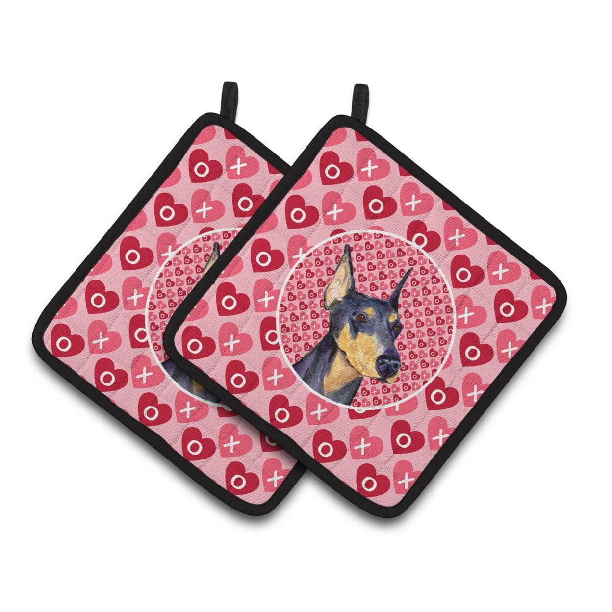 Carolines Treasures SS4495PTHD Doberman Hearts Love and Valentines Day Portrait Pair of Pot Holders 7.5HX7.5W multicolor