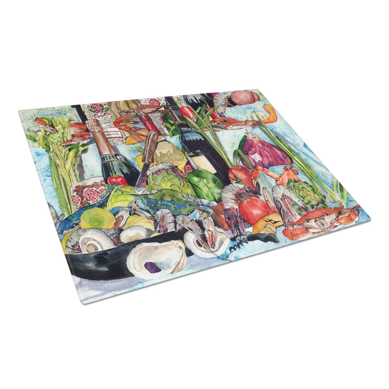 Carolines Treasures Wine Crab Shrimp and Oysters Glass Cutting Board Large 12H x 16W multicolor