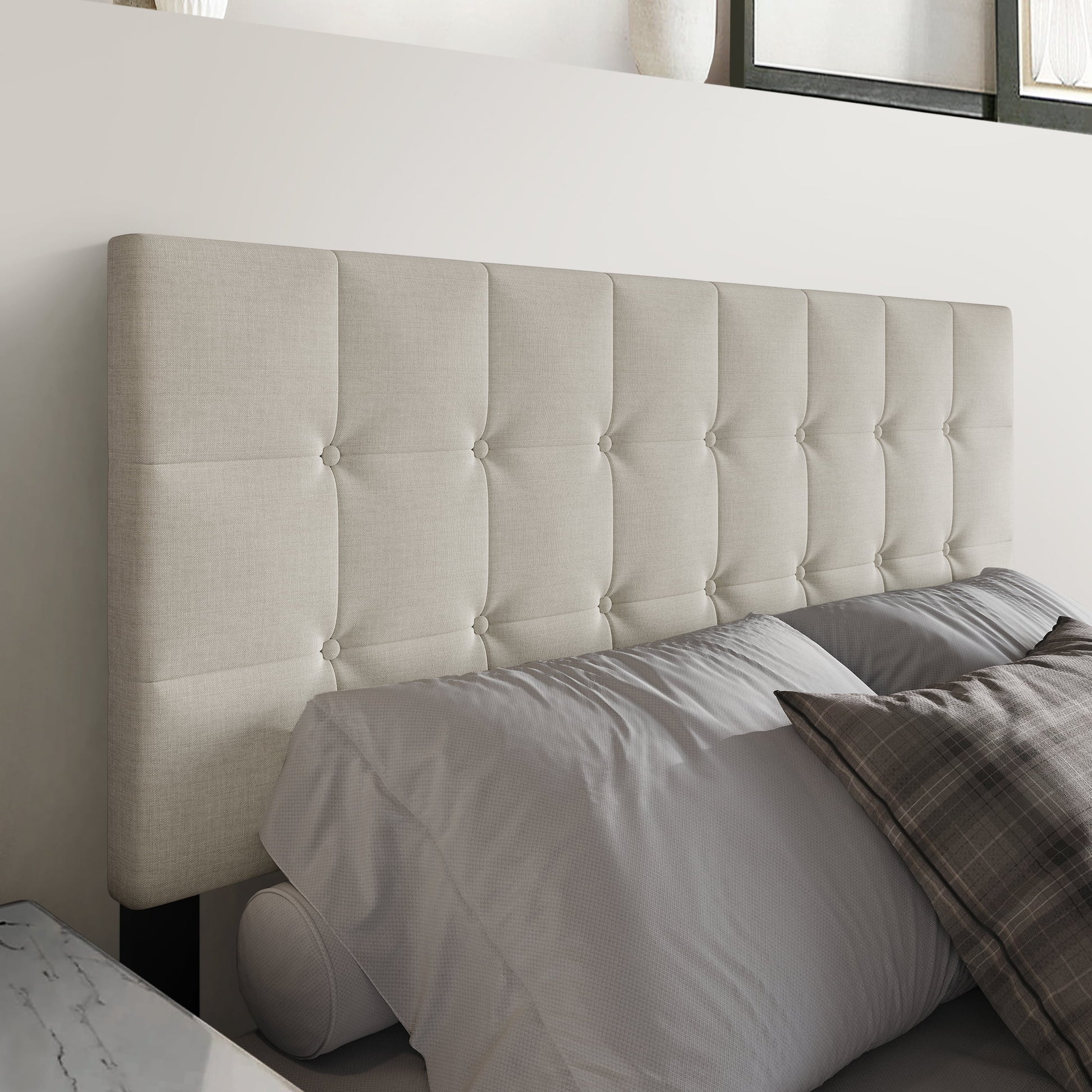 Castle Place Full Size Linen Upholstered Headboard with Square Button-Tufted Design, Warm Grey
