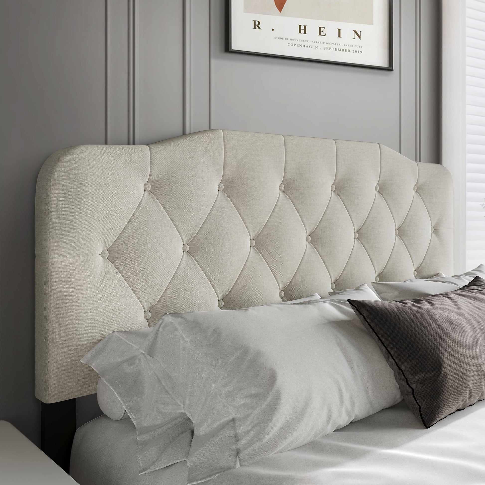 Castle Place Modern Button-Tufted Linen Queen Upholstered Headboard, Warm Grey