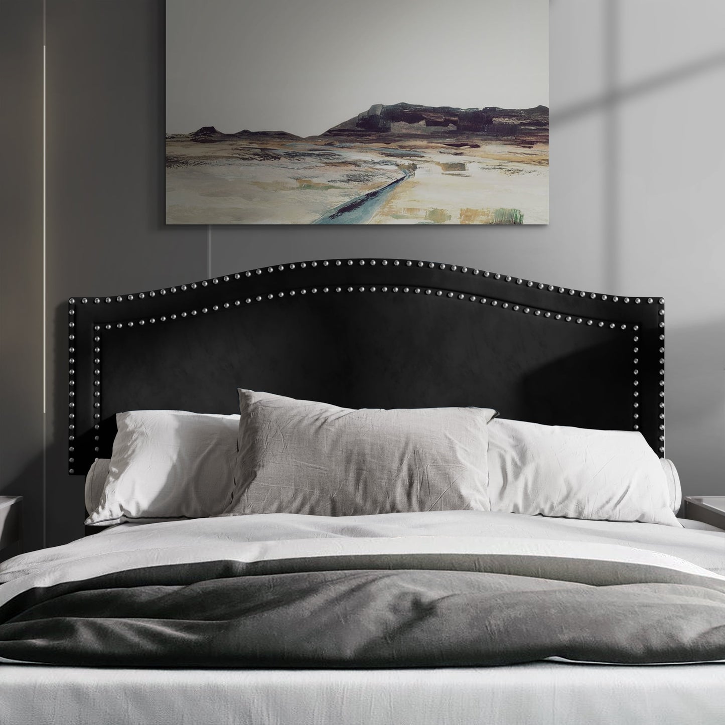 Castle Place Upholstered Nailhead Trimmed Headboard, Black Velvet, Queen