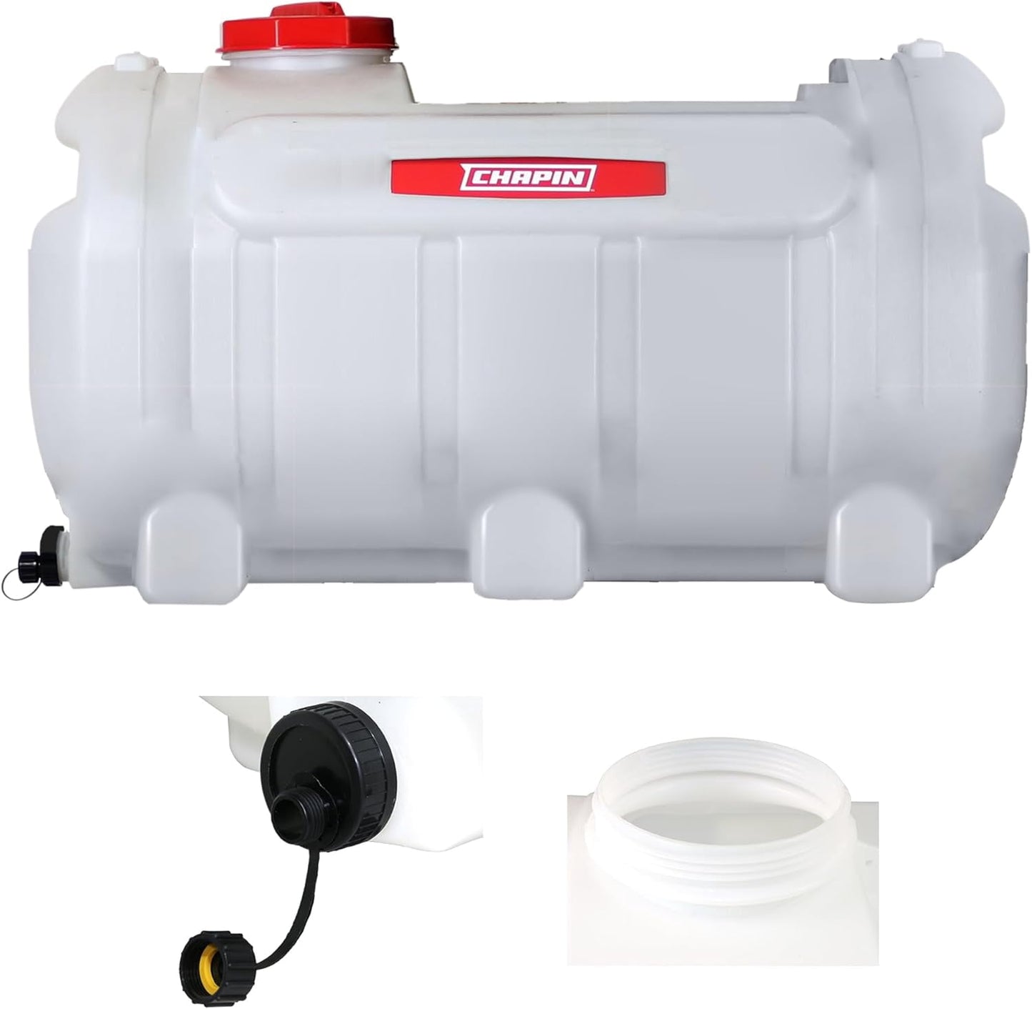 Chapin 98142 Water Storage Tank, 40â€‘Gallon, Utility Water Supply, Translucent Chemicalâ€‘Resistant Poly Tank, 6" Wide Cap, 2" Drain & Gardenâ€‘Hose Port for Farms, Acreage, Gardens & Orchard